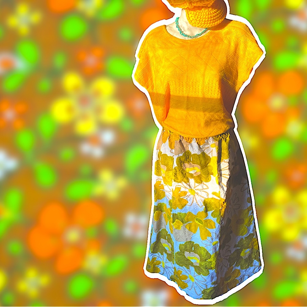 Vintage handmade tapestry textured flower power daisy midi skirt